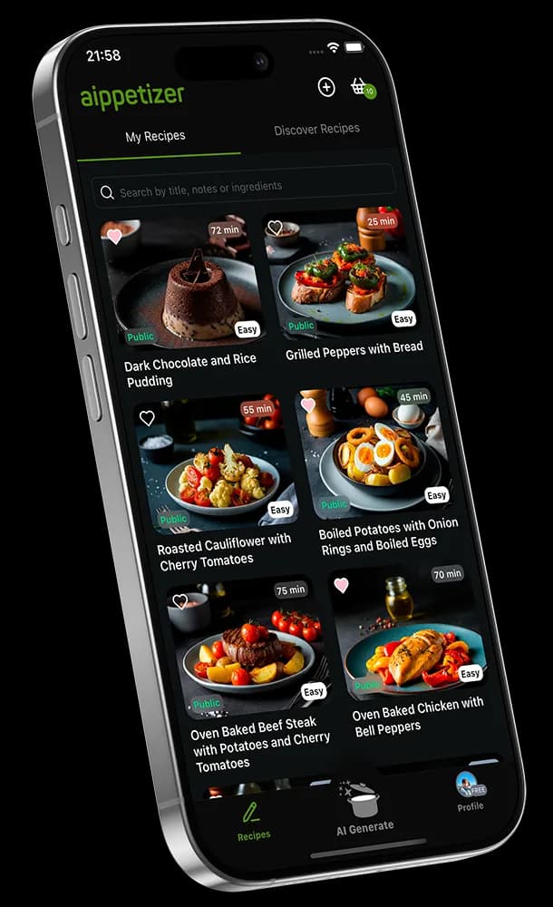 AIppetizer mobile app screens showing a generated recipe and cooking steps