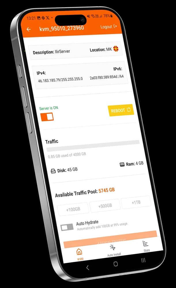EDIS Global VPS Manager app screens showing server status and traffic monitoring